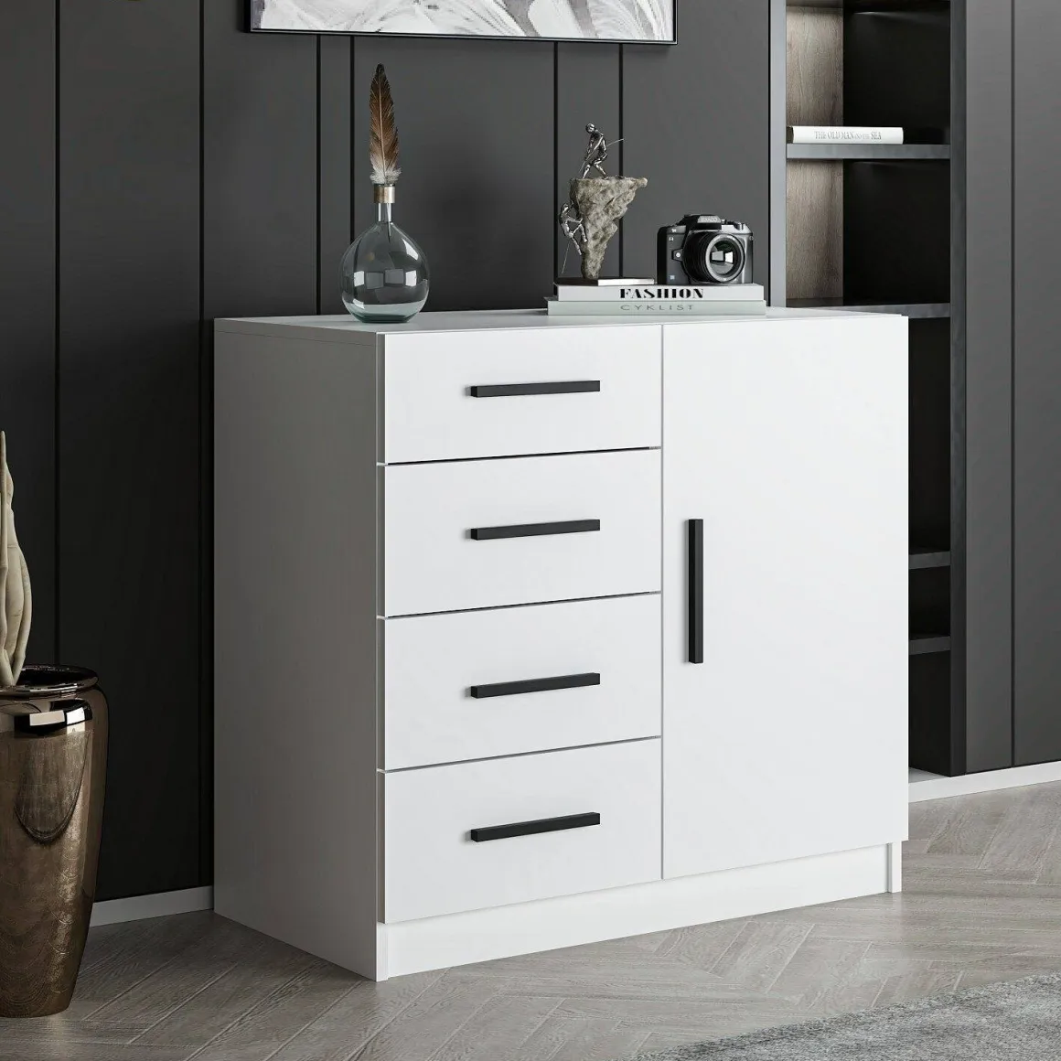 Credenza bianca 90x47x85h cm 1 anta e 4 cassetti - Neoguri