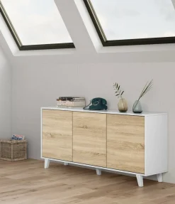 Cucina|Madie > Dmora Credenza bianca 154x41x75h cm 3 ante - Acrolorum Marrone Rovere, Bianco