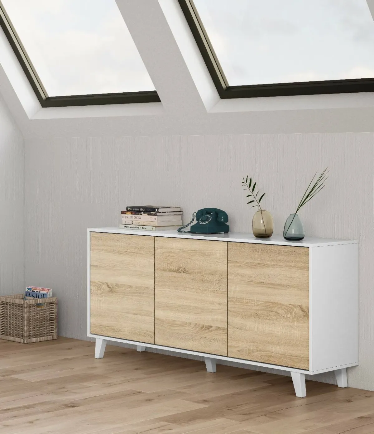 Cucina|Madie > Dmora Credenza bianca 154x41x75h cm 3 ante - Acrolorum Marrone Rovere, Bianco