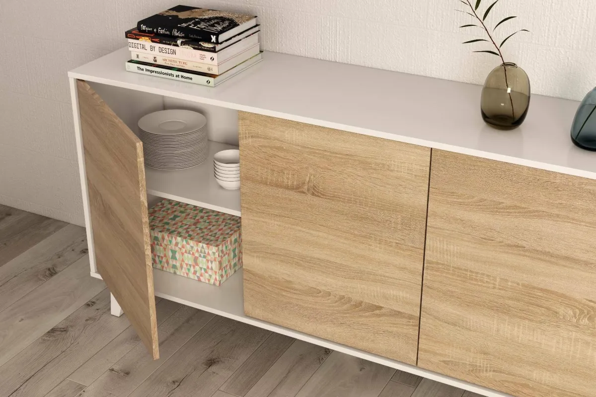 Cucina|Madie > Dmora Credenza bianca 154x41x75h cm 3 ante - Acrolorum Marrone Rovere, Bianco