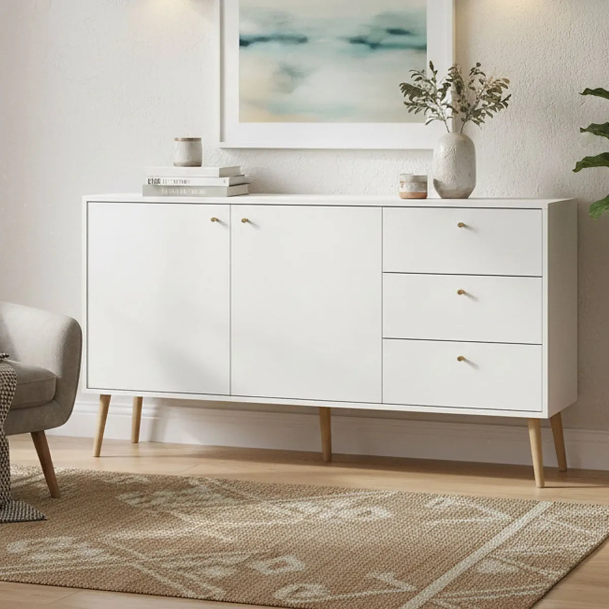 Madie|Credenze > Dmora Credenza bianca 147x39x81h cm 2 ante e 3 cassetti - Erina Bianco
