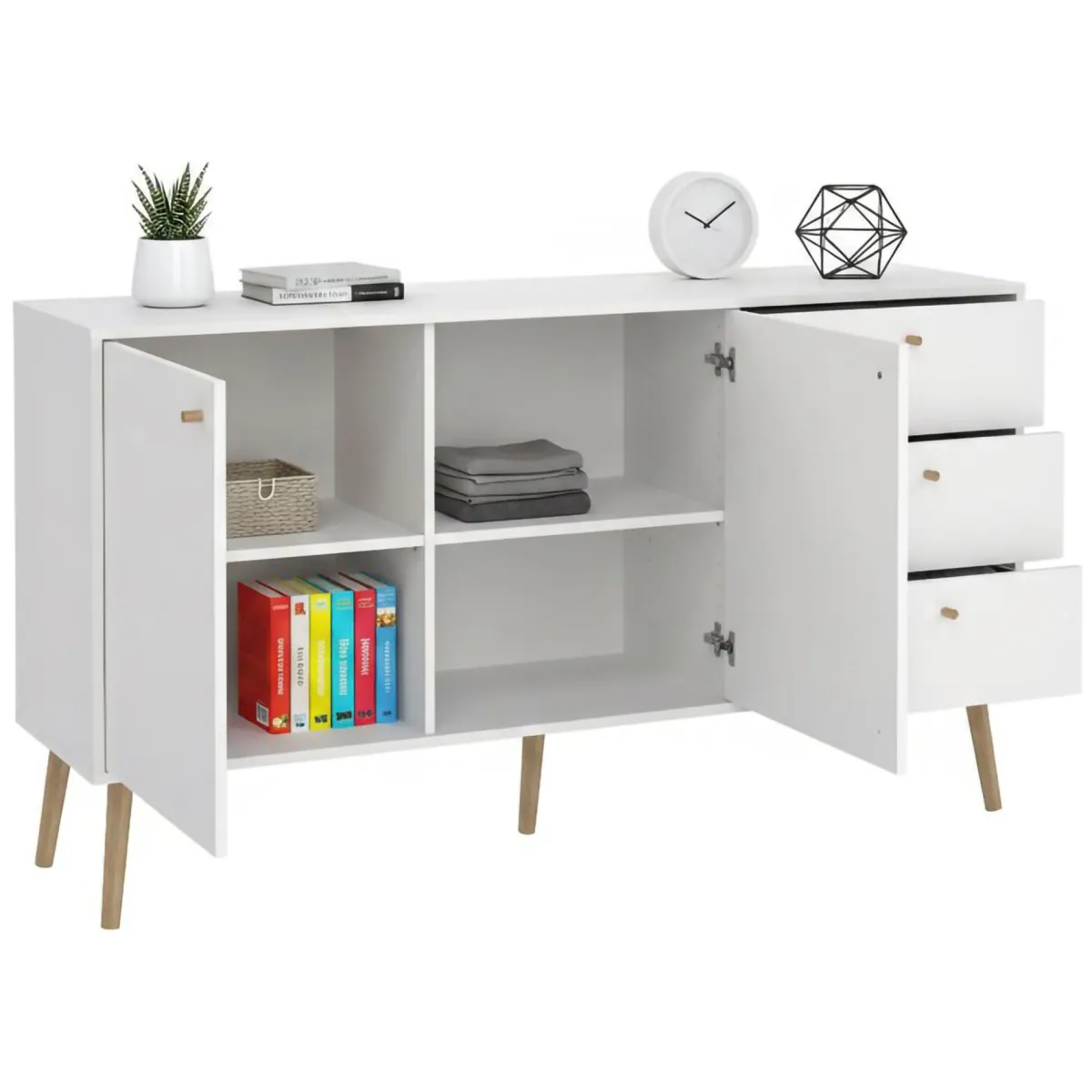 Madie|Credenze > Dmora Credenza bianca 147x39x81h cm 2 ante e 3 cassetti - Erina Bianco