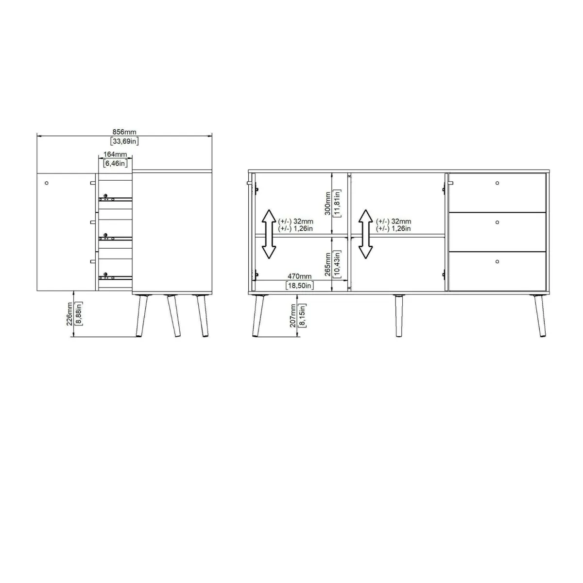 Madie|Credenze > Dmora Credenza bianca 147x39x81h cm 2 ante e 3 cassetti - Erina Bianco