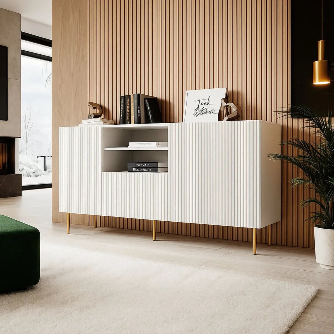 Madie|Credenze > Dmora Credenza bianca 151x38x79h cm 2 ante e 3 cassetti - Whitney Bianco
