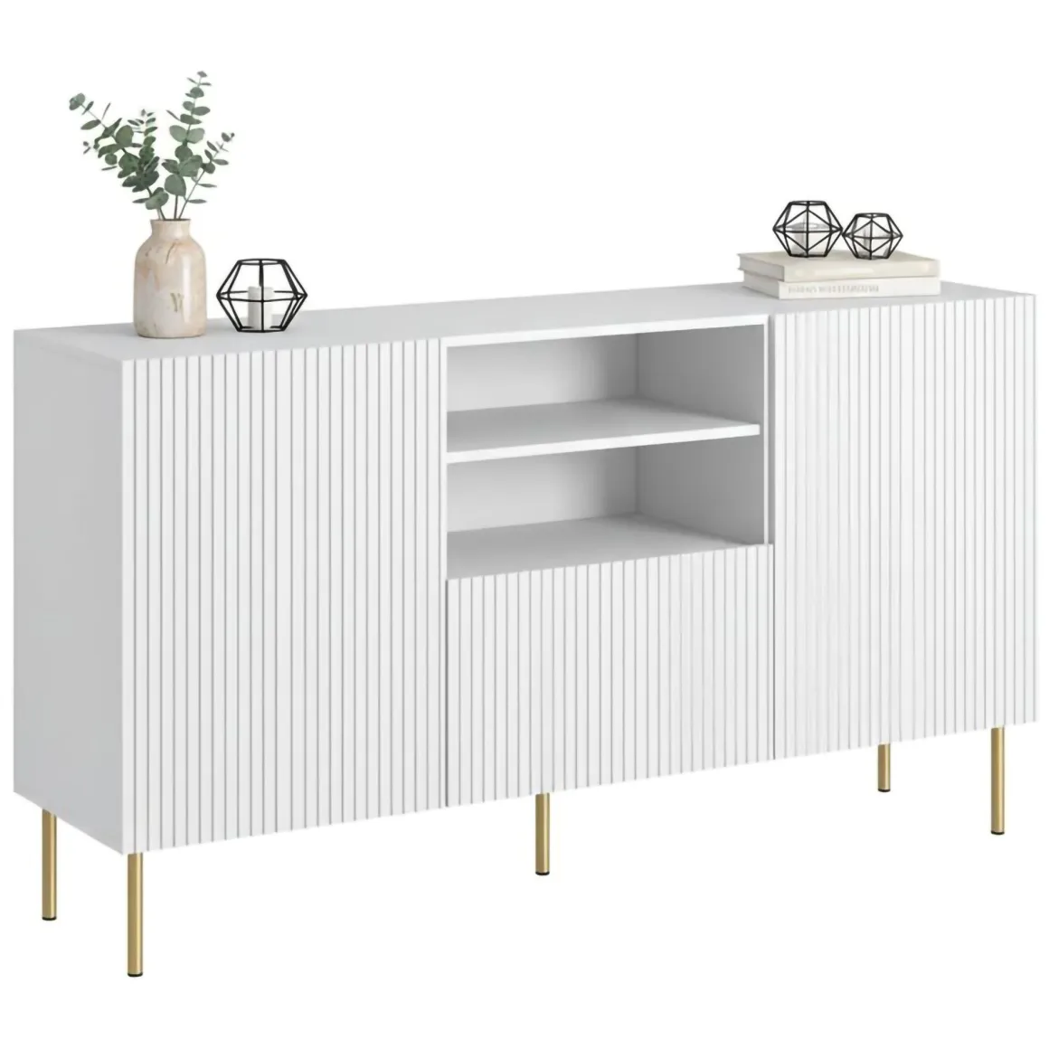 Madie|Credenze > Dmora Credenza bianca 151x38x79h cm 2 ante e 3 cassetti - Whitney Bianco