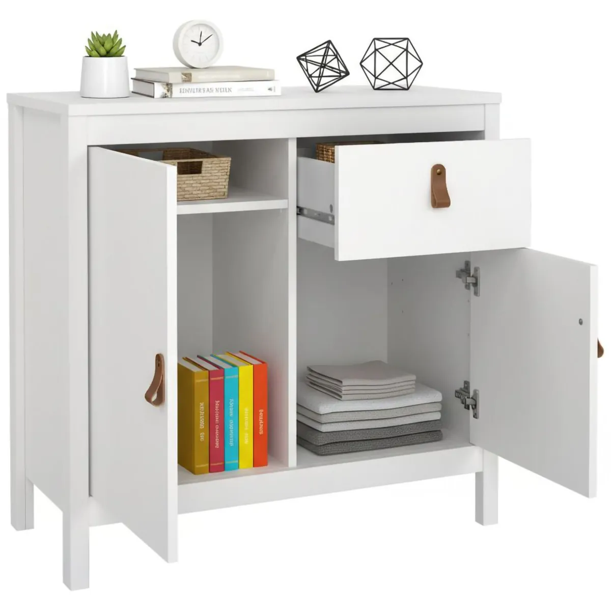 Madie|Credenze > Dmora Credenza bianca 82x38x79h cm 2 ante e 1 cassetto - Romagna Bianco
