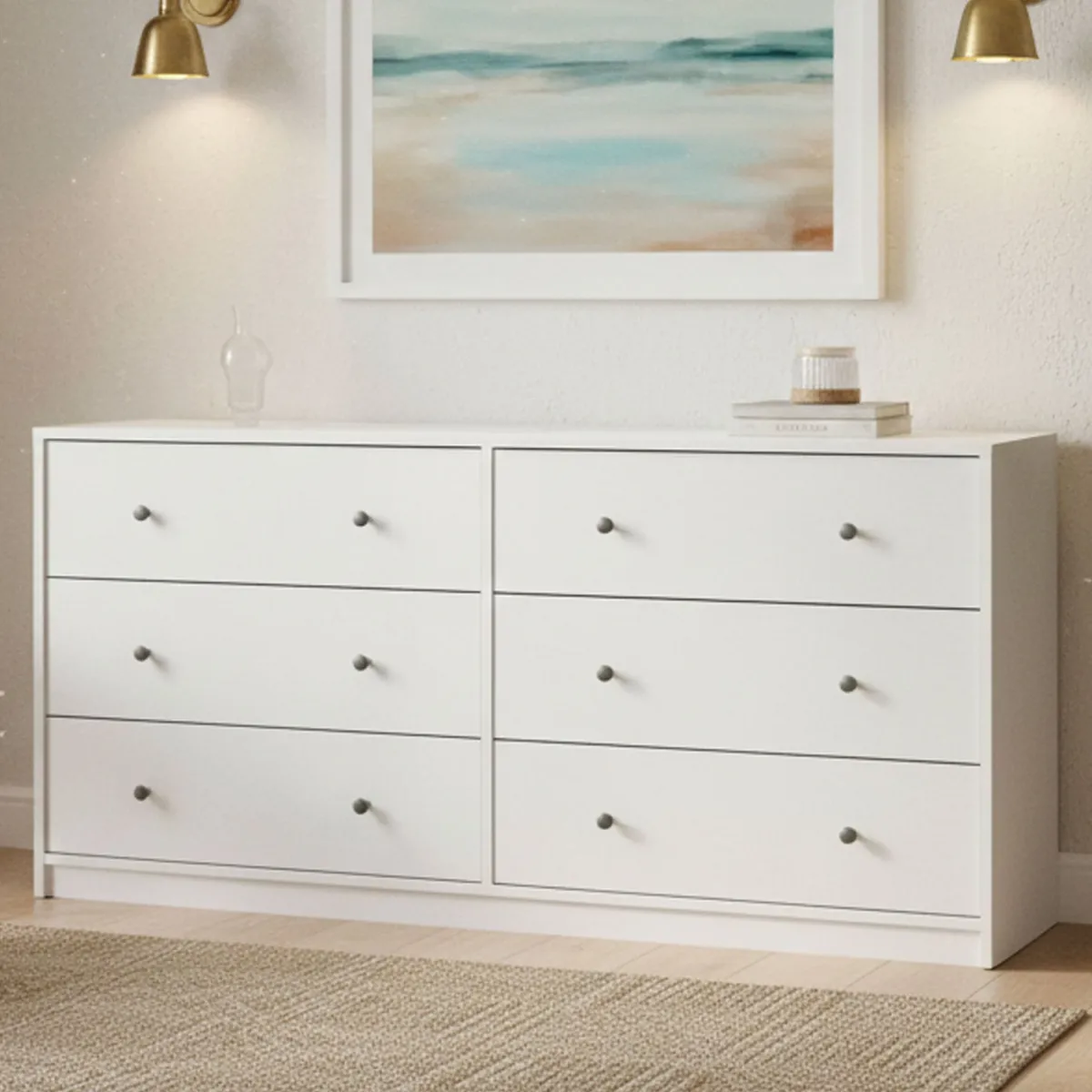 Madie|Credenze > Dmora Credenza bianca 143x30x68h cm 6 cassetti - Rick Bianco