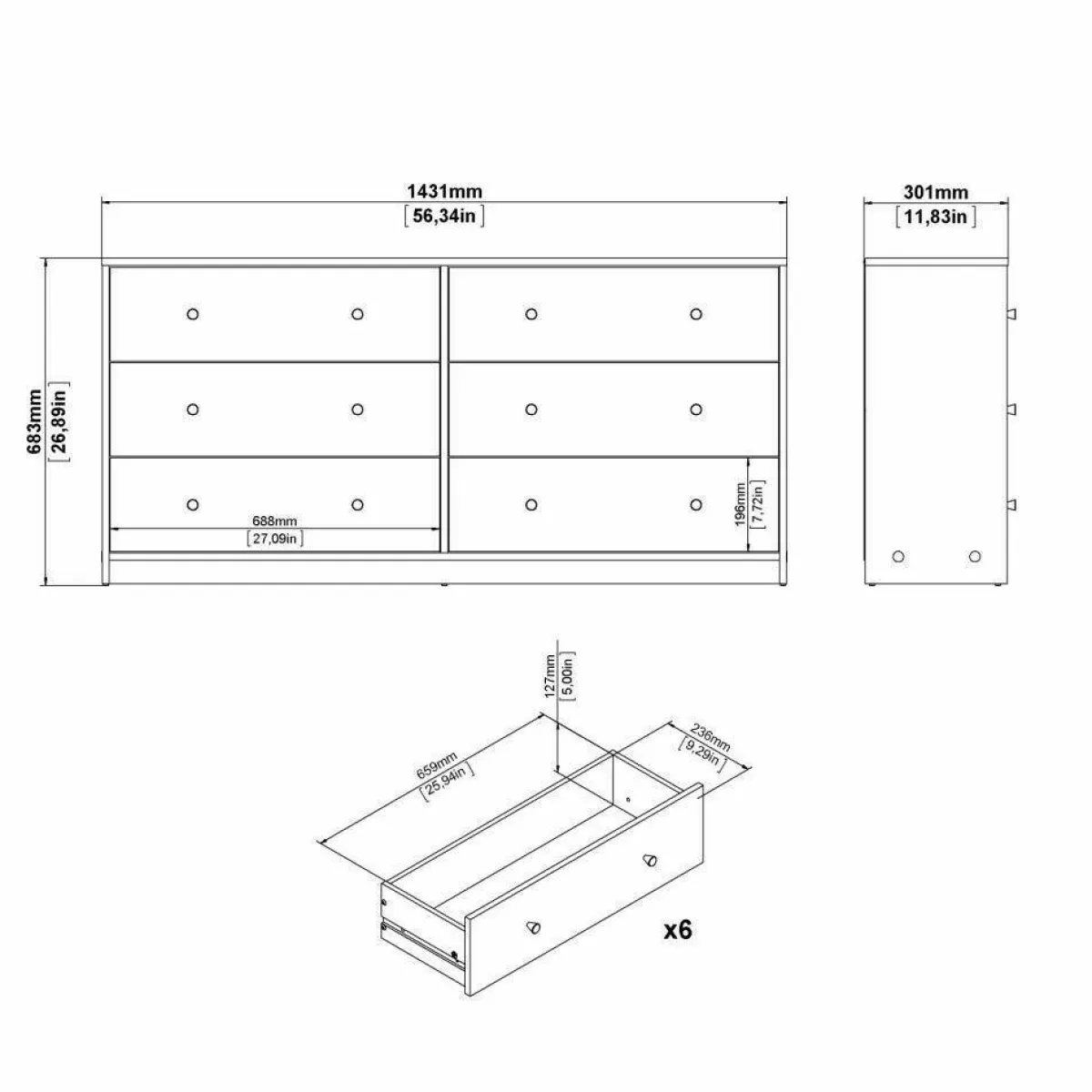 Madie|Credenze > Dmora Credenza bianca 143x30x68h cm 6 cassetti - Rick Bianco
