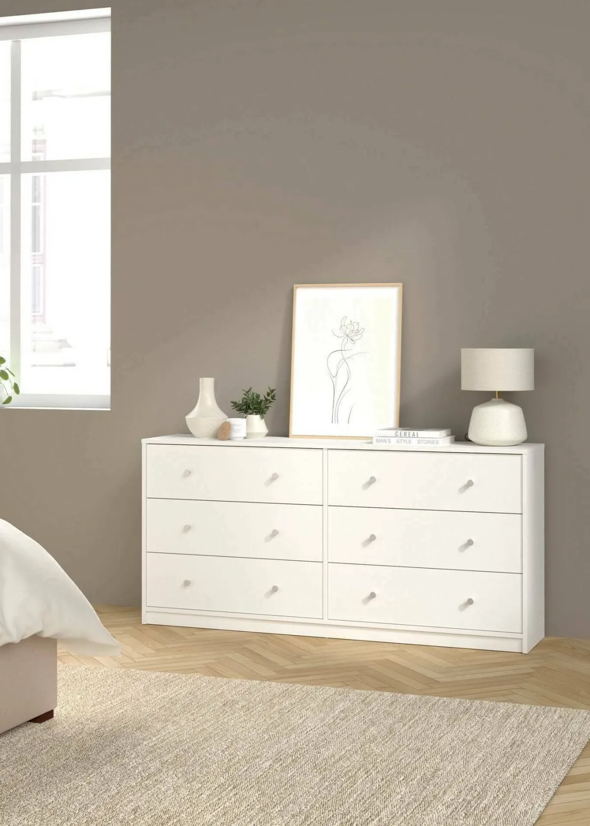 Madie|Credenze > Dmora Credenza bianca 143x30x68h cm 6 cassetti - Rick Bianco