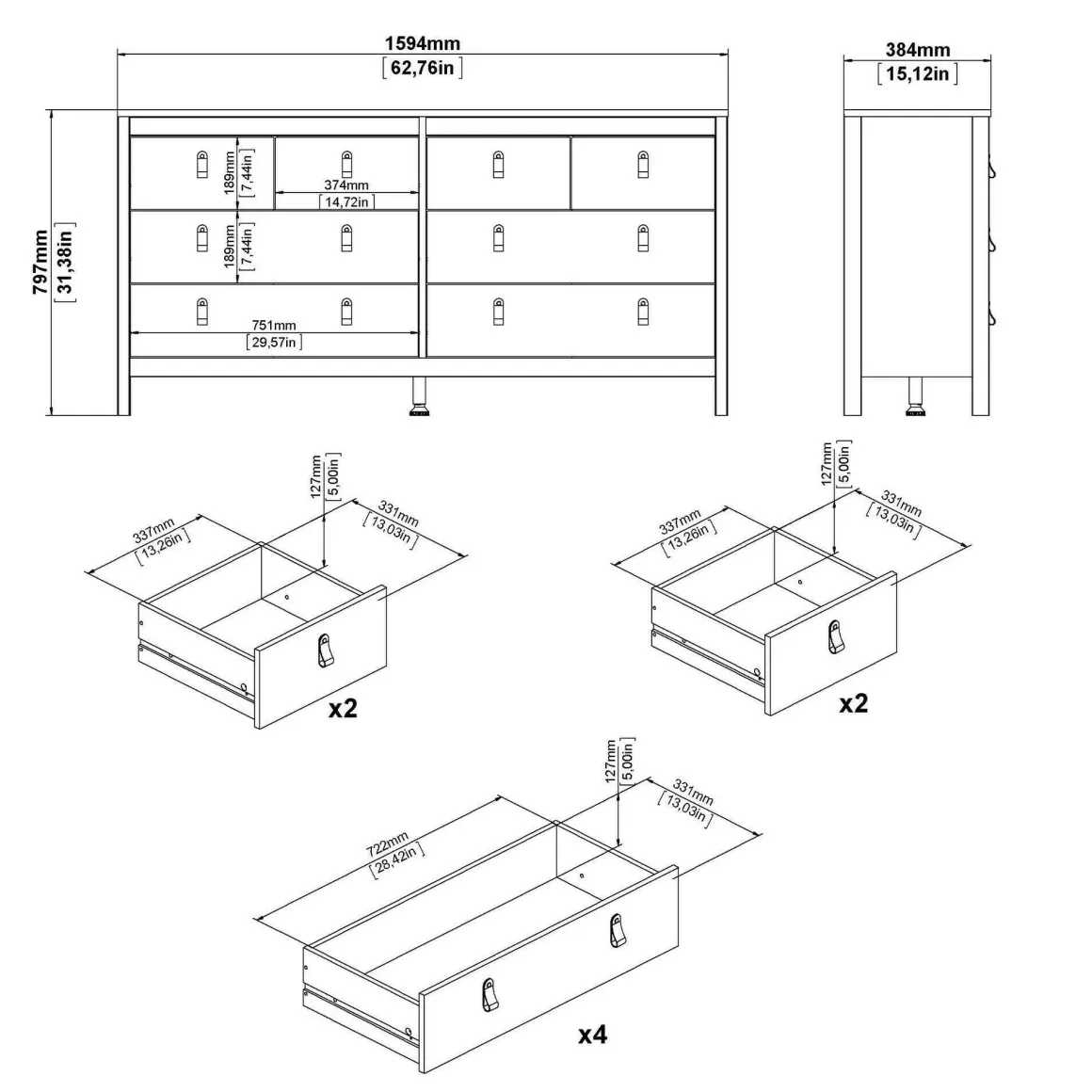 Credenza bianca 159x38x79h cm 8 cassetti - Kovsova