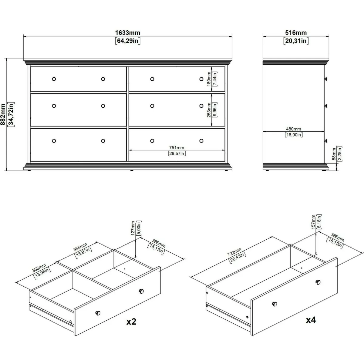 Madie|Credenze > Dmora Credenza bianca 163x51x88h cm 6 cassetti - Hibaru Bianco