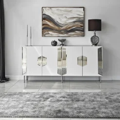 Madie|Credenze > Dmora Credenza Bianco Argento 4 Ripiani 4 Ante 180x40x80h cm, 8 Vani - Trigolo Argento, Bianco