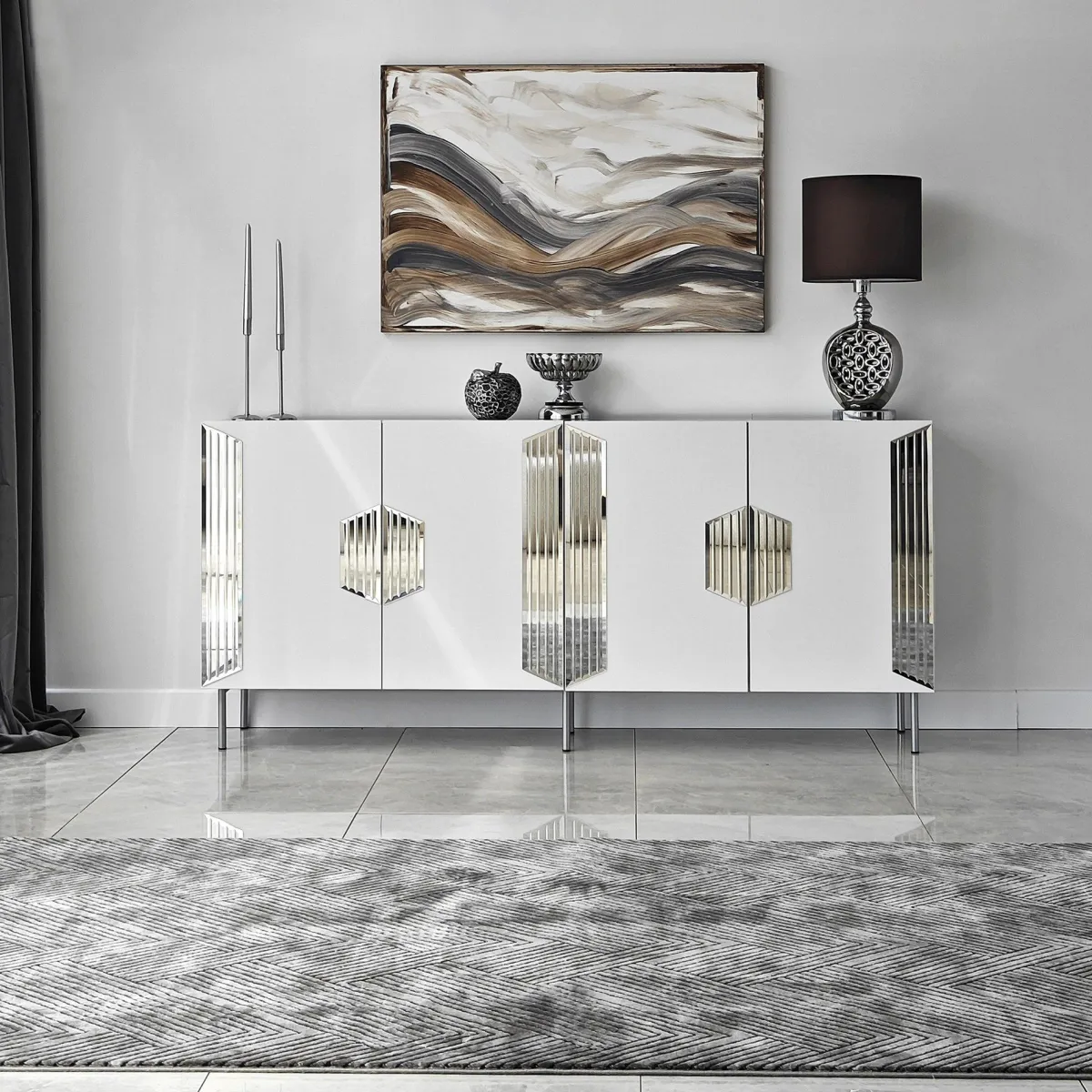 Madie|Credenze > Dmora Credenza Bianco Argento 4 Ripiani 4 Ante 180x40x80h cm, 8 Vani - Trigolo Argento, Bianco