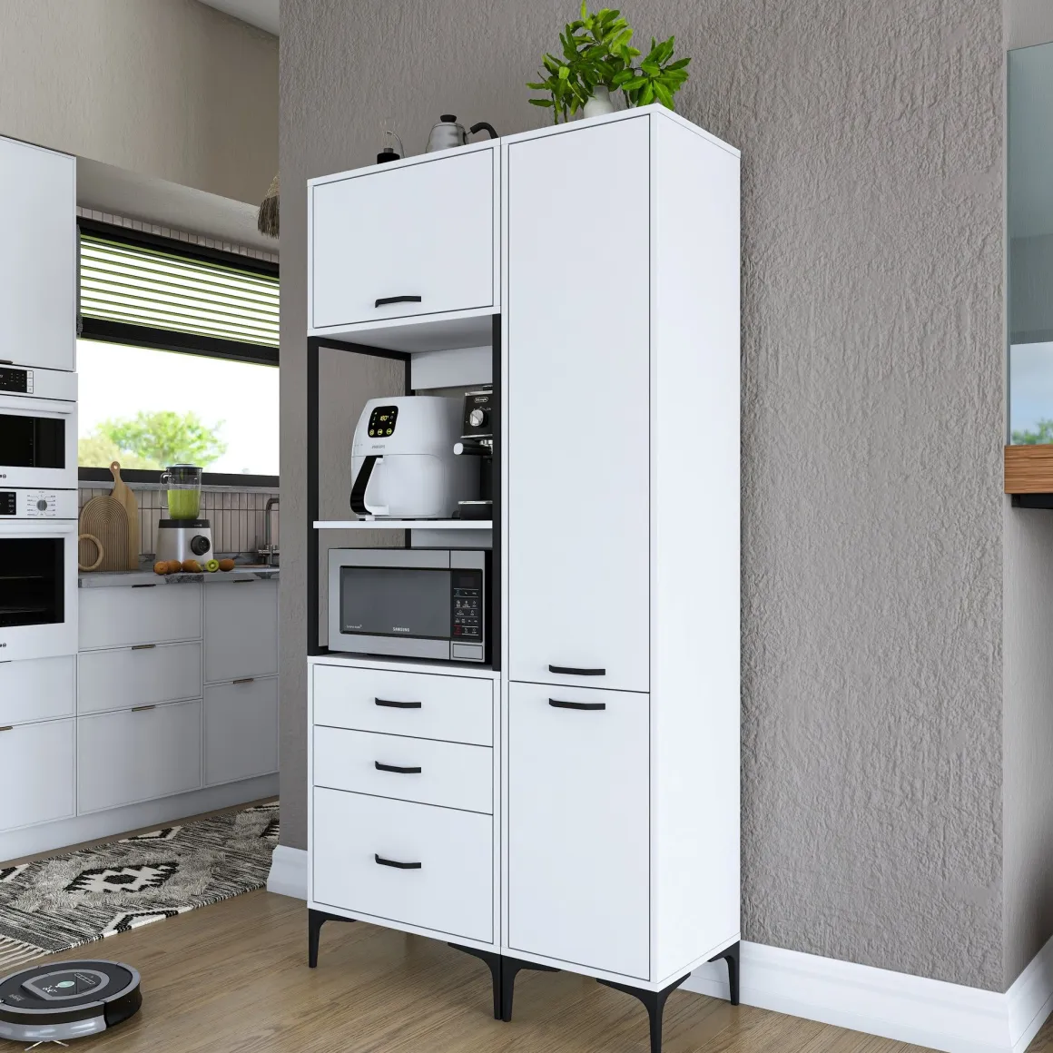 Credenza Bianco Bianco 8 Ripiani 3 Cassetti 100x40x199h cm, 2 Ante - Lotzorai