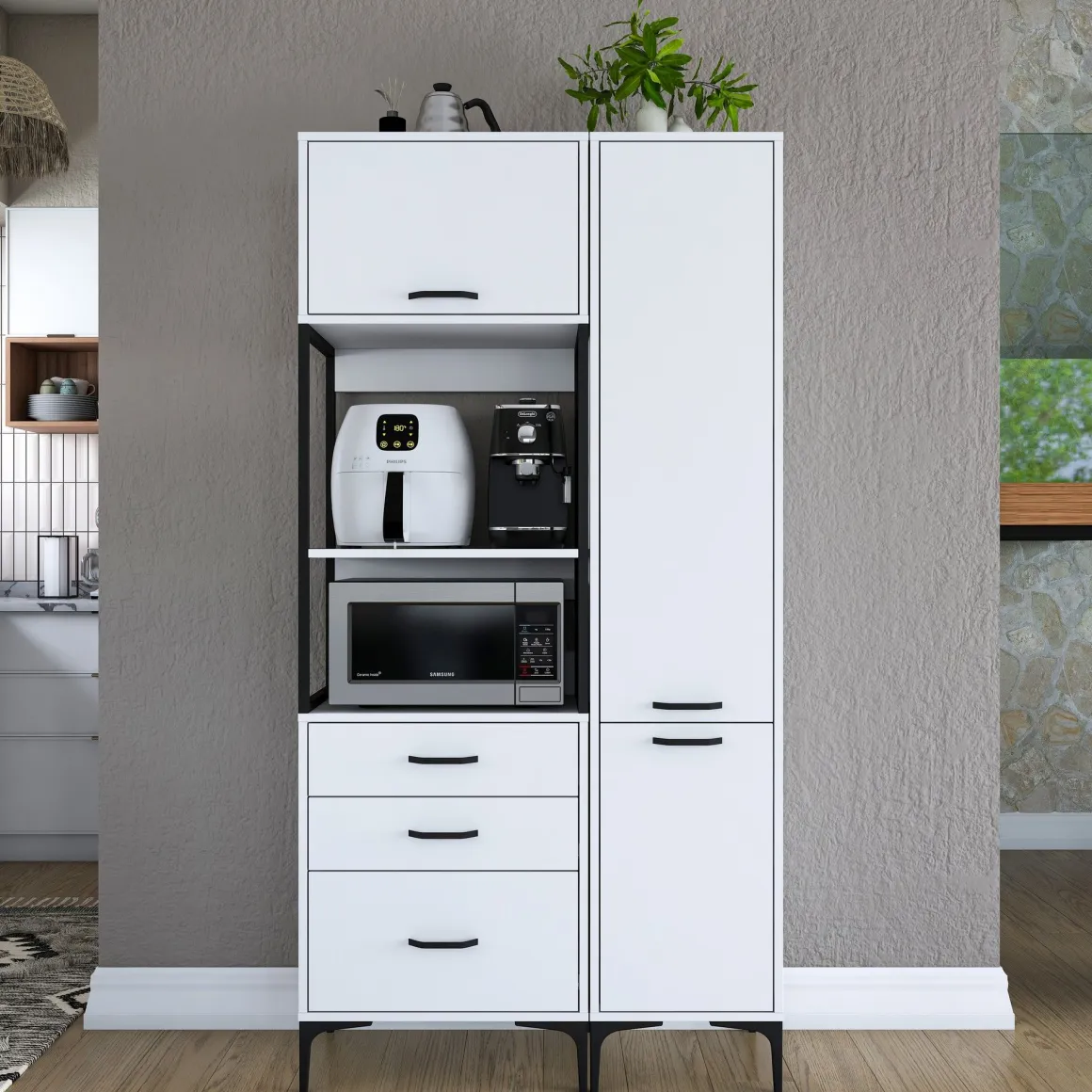 Credenza Bianco Bianco 8 Ripiani 3 Cassetti 100x40x199h cm, 2 Ante - Lotzorai