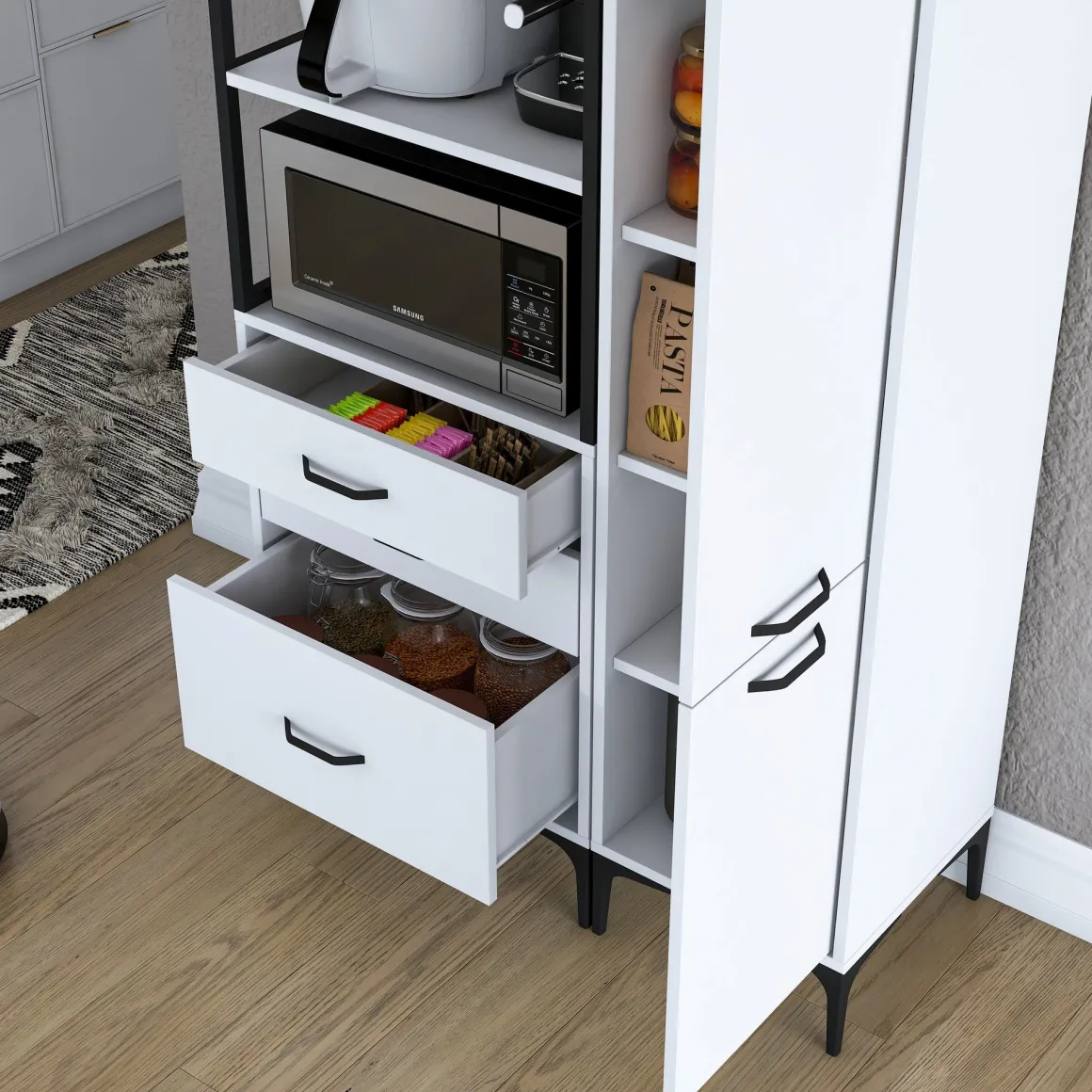 Credenza Bianco Bianco 8 Ripiani 3 Cassetti 100x40x199h cm, 2 Ante - Lotzorai