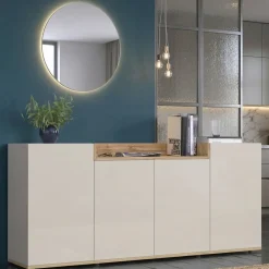 Madie|Credenze > Dmora Credenza Bianco Cashmere Marrone Rovere Chiaro 6 Ripiani Apertura Battente 160x35x70h cm, 4 Ante Made in Italy - Swink Marrone Rovere chiaro, Bianco Cashmere