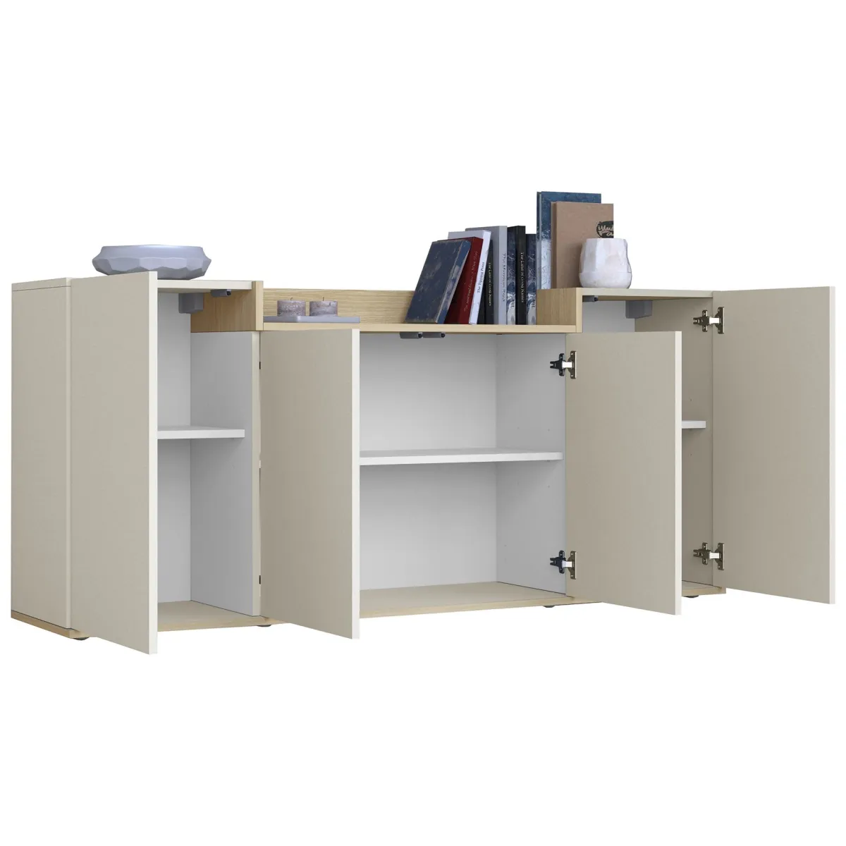 Madie|Credenze > Dmora Credenza Bianco Cashmere Marrone Rovere Chiaro 6 Ripiani Apertura Battente 160x35x70h cm, 4 Ante Made in Italy - Swink Marrone Rovere chiaro, Bianco Cashmere