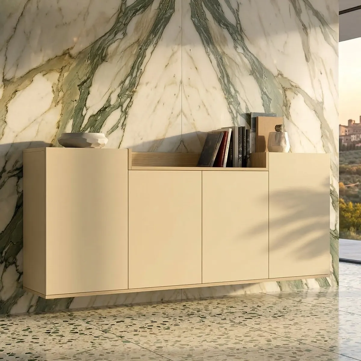 Madie|Credenze > Dmora Credenza Bianco Cashmere Marrone Rovere Chiaro 6 Ripiani Apertura Battente 160x35x70h cm, 4 Ante Made in Italy - Swink Marrone Rovere chiaro, Bianco Cashmere