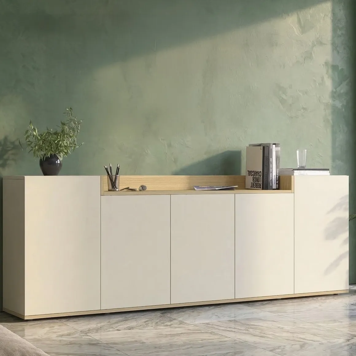 Credenza Bianco Cashmere Marrone Rovere Chiaro 7 Ripiani Apertura Battente 200x35x70h cm, 5 Ante Made in Italy - Cordele