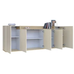 Credenza Bianco Cashmere Marrone Rovere Chiaro 7 Ripiani Apertura Battente 200x35x70h cm, 5 Ante Made in Italy - Cordele