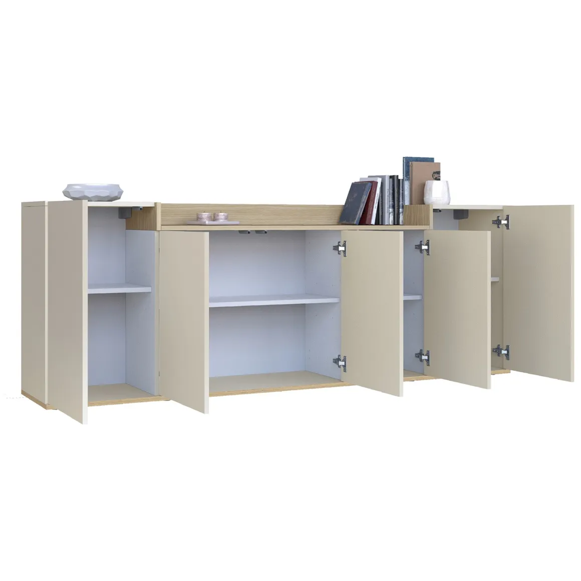 Credenza Bianco Cashmere Marrone Rovere Chiaro 7 Ripiani Apertura Battente 200x35x70h cm, 5 Ante Made in Italy - Cordele