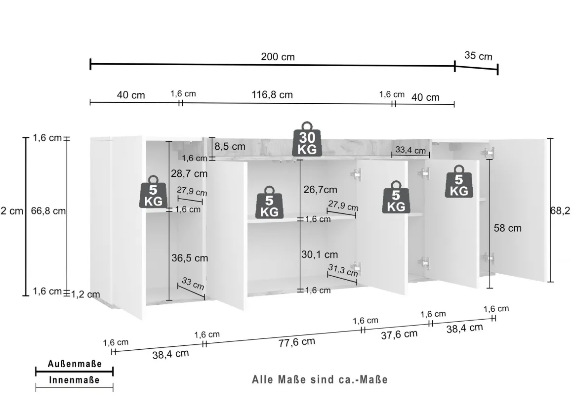 Credenza Bianco Cashmere Marrone Rovere Chiaro 7 Ripiani Apertura Battente 200x35x70h cm, 5 Ante Made in Italy - Cordele