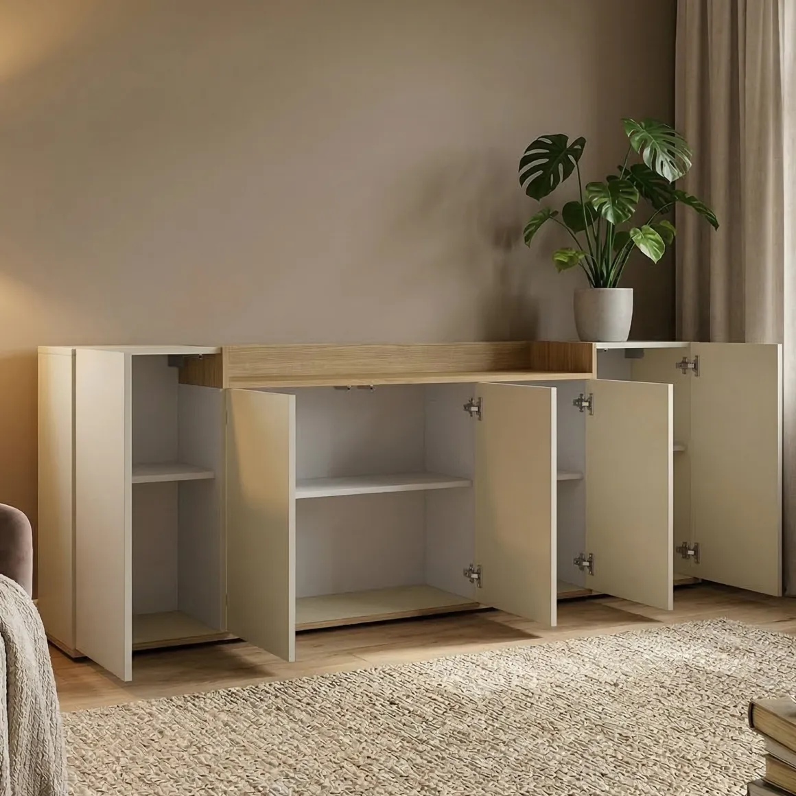 Credenza Bianco Cashmere Marrone Rovere Chiaro 7 Ripiani Apertura Battente 200x35x70h cm, 5 Ante Made in Italy - Cordele