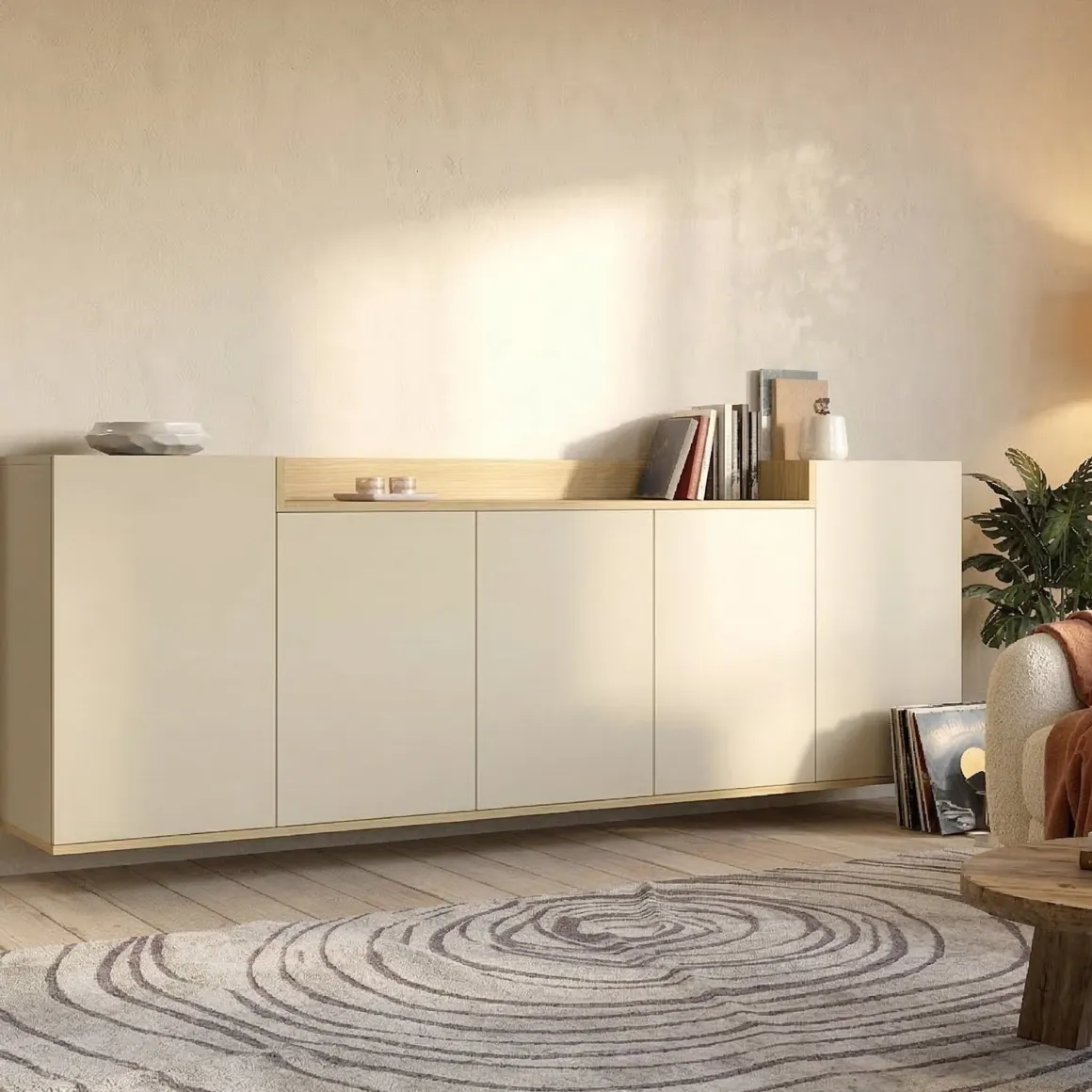 Credenza Bianco Cashmere Marrone Rovere Chiaro 7 Ripiani Apertura Battente 200x35x70h cm, 5 Ante Made in Italy - Cordele