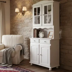 Credenza Bianco 2 Cassetti 2 Ripiani 88x32x198h cm, Apertura Battente, Scorrevole - Quadri
