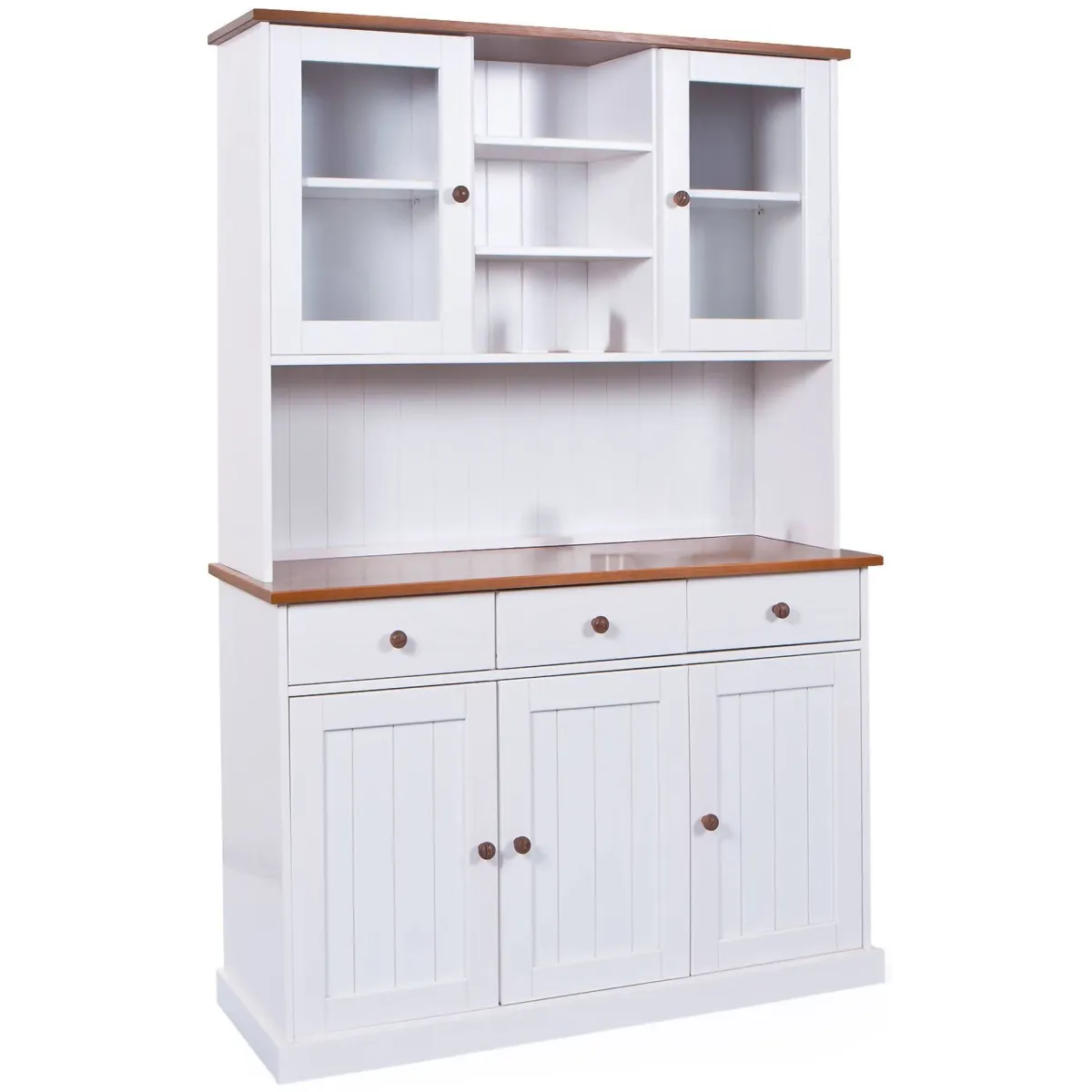 Madie|Credenze > Dmora Credenza Bianco 3 Cassetti 4 Ripiani 131x45x181h cm, Apertura Battente - Loranze Marrone Quercia, Bianco