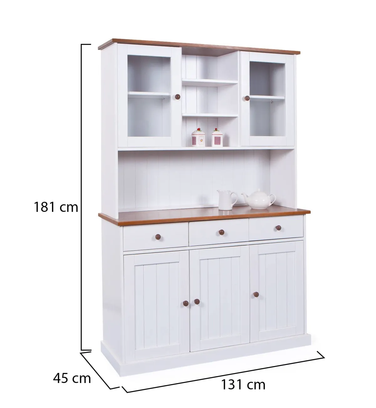 Madie|Credenze > Dmora Credenza Bianco 3 Cassetti 4 Ripiani 131x45x181h cm, Apertura Battente - Loranze Marrone Quercia, Bianco