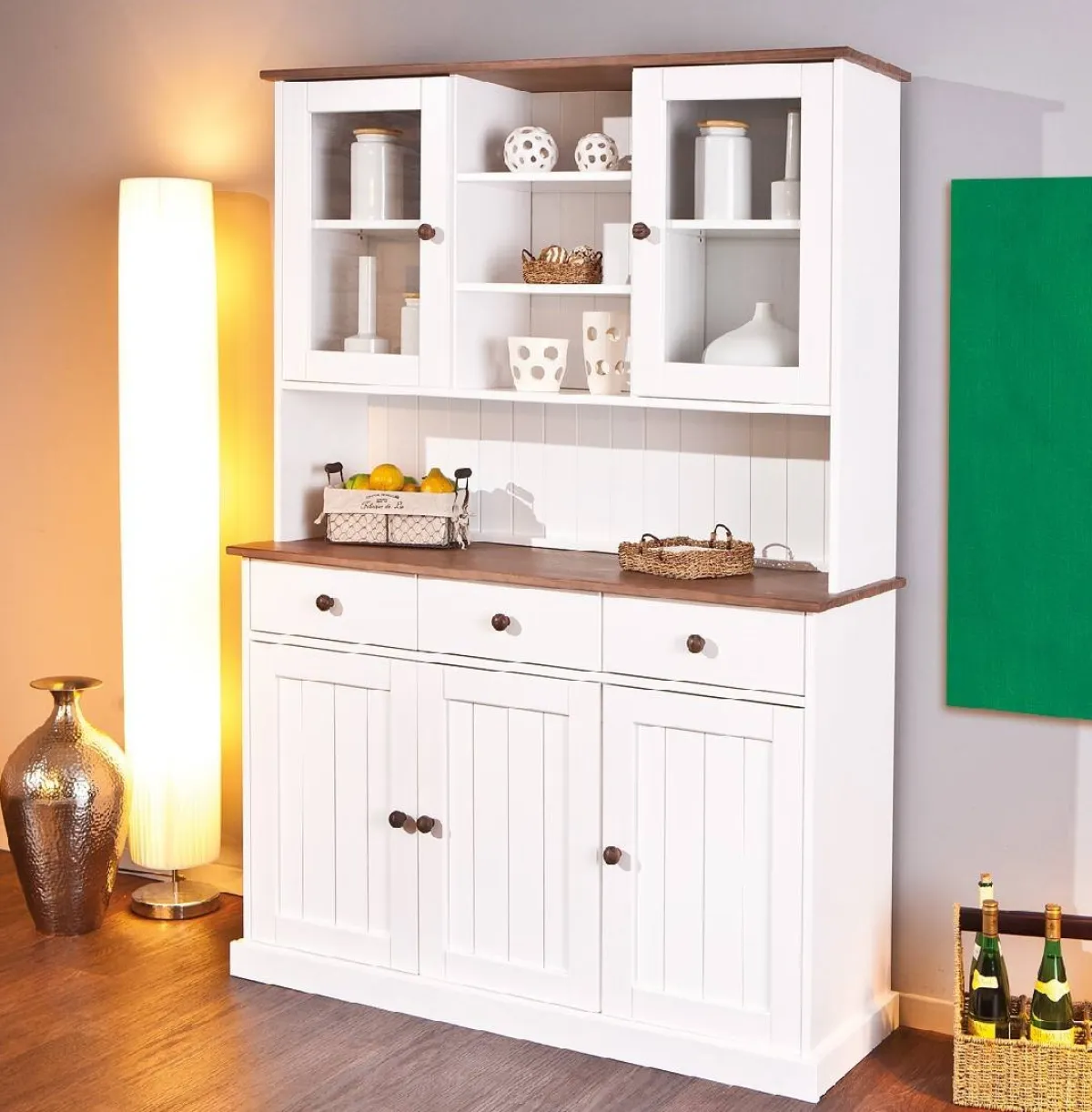 Madie|Credenze > Dmora Credenza Bianco 3 Cassetti 4 Ripiani 131x45x181h cm, Apertura Battente - Loranze Marrone Quercia, Bianco