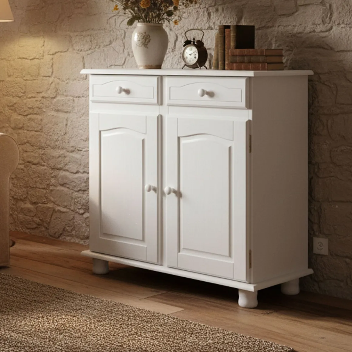 Credenza Bianco 2 Cassetti un Ripiano 88x43x87h cm, Apertura Battente - Pallare