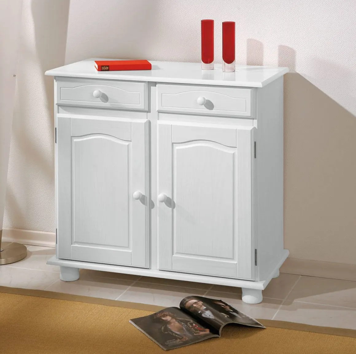Credenza Bianco 2 Cassetti un Ripiano 88x43x87h cm, Apertura Battente - Pallare