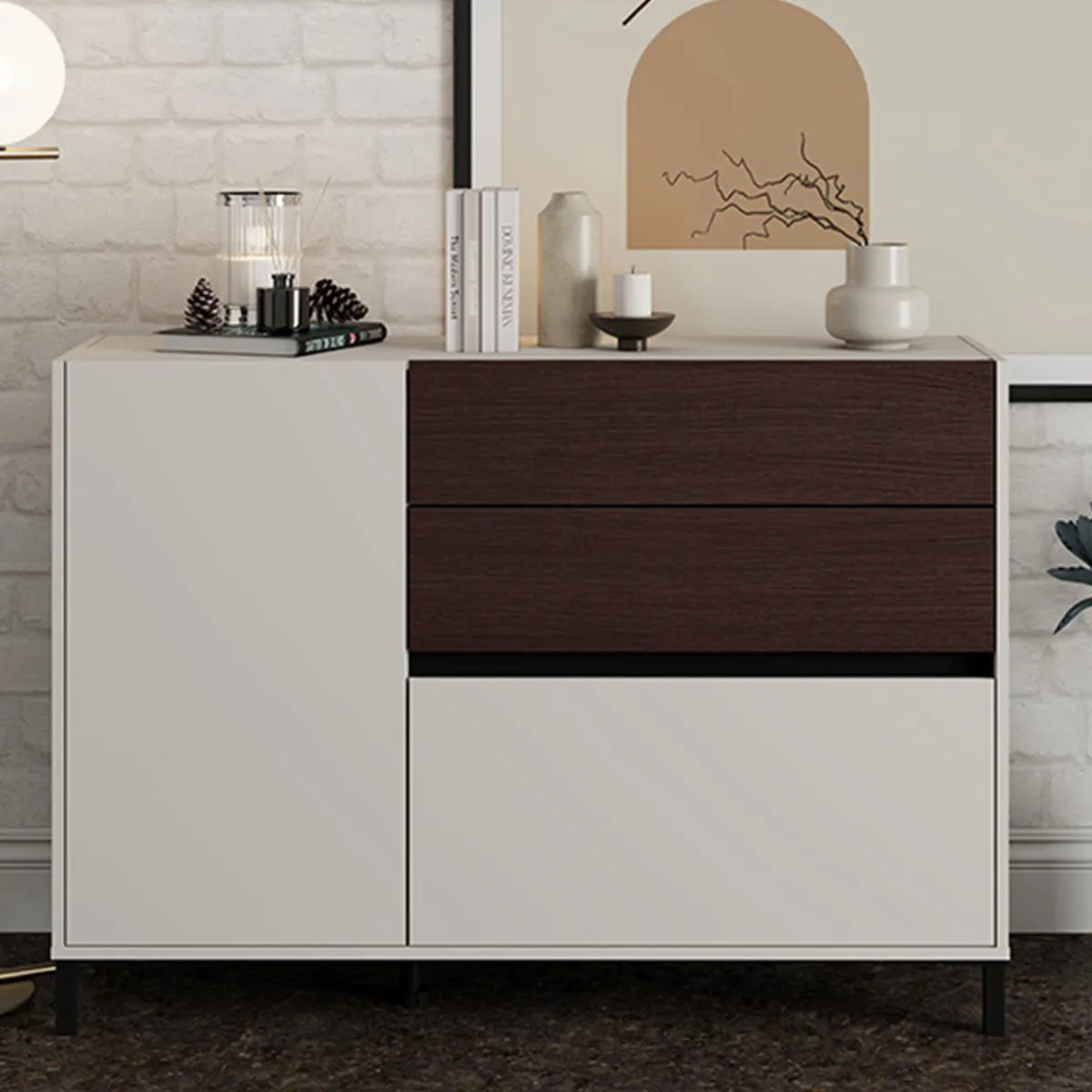 Credenze > Dmora Credenza Bianco Crema Marrone Noce 2 Ripiani 3 Cassetti 125x40x92h cm, Un'anta - Sideme Marrone Noce, Bianco Crema