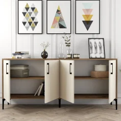 Credenza Bianco Crema Marrone Noce 2 Ripiani 4 Ante 180x35x78h cm, 4 Vani - Pollein