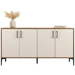 Credenza Bianco Crema Marrone Noce 2 Ripiani 4 Ante 180x35x78h cm, 4 Vani - Pollein