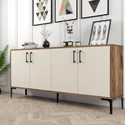 Madie > Dmora Credenza Bianco Crema Marrone Noce 2 Ripiani 4 Ante 180x35x81h cm, 4 Vani - Niscemi Marrone Noce, Bianco Crema