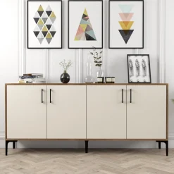 Madie > Dmora Credenza Bianco Crema Marrone Noce 2 Ripiani 4 Ante 180x35x81h cm, 4 Vani - Niscemi Marrone Noce, Bianco Crema