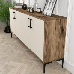 Madie > Dmora Credenza Bianco Crema Marrone Noce 2 Ripiani 4 Ante 180x35x81h cm, 4 Vani - Niscemi Marrone Noce, Bianco Crema