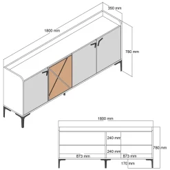 Credenza Bianco Crema Marrone Noce 2 Ripiani 4 Vani 180x35x78h cm, 4 Ante - Elini
