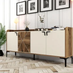 Credenza Bianco Crema Marrone Noce 2 Ripiani 4 Vani 180x35x78h cm, 4 Ante - Elini