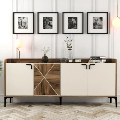 Credenza Bianco Crema Marrone Noce 2 Ripiani 4 Vani 180x35x78h cm, 4 Ante - Elini