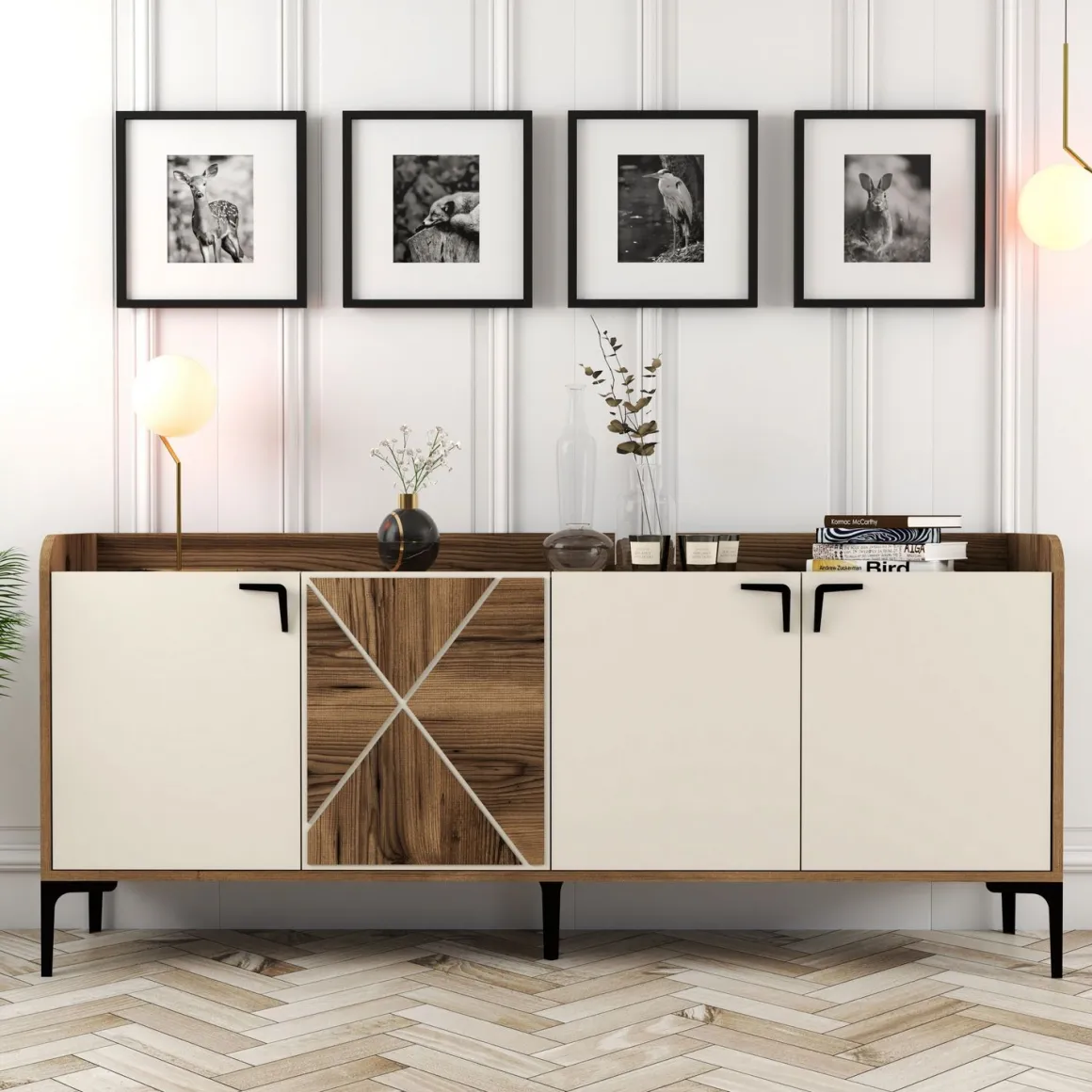 Credenza Bianco Crema Marrone Noce 2 Ripiani 4 Vani 180x35x78h cm, 4 Ante - Elini