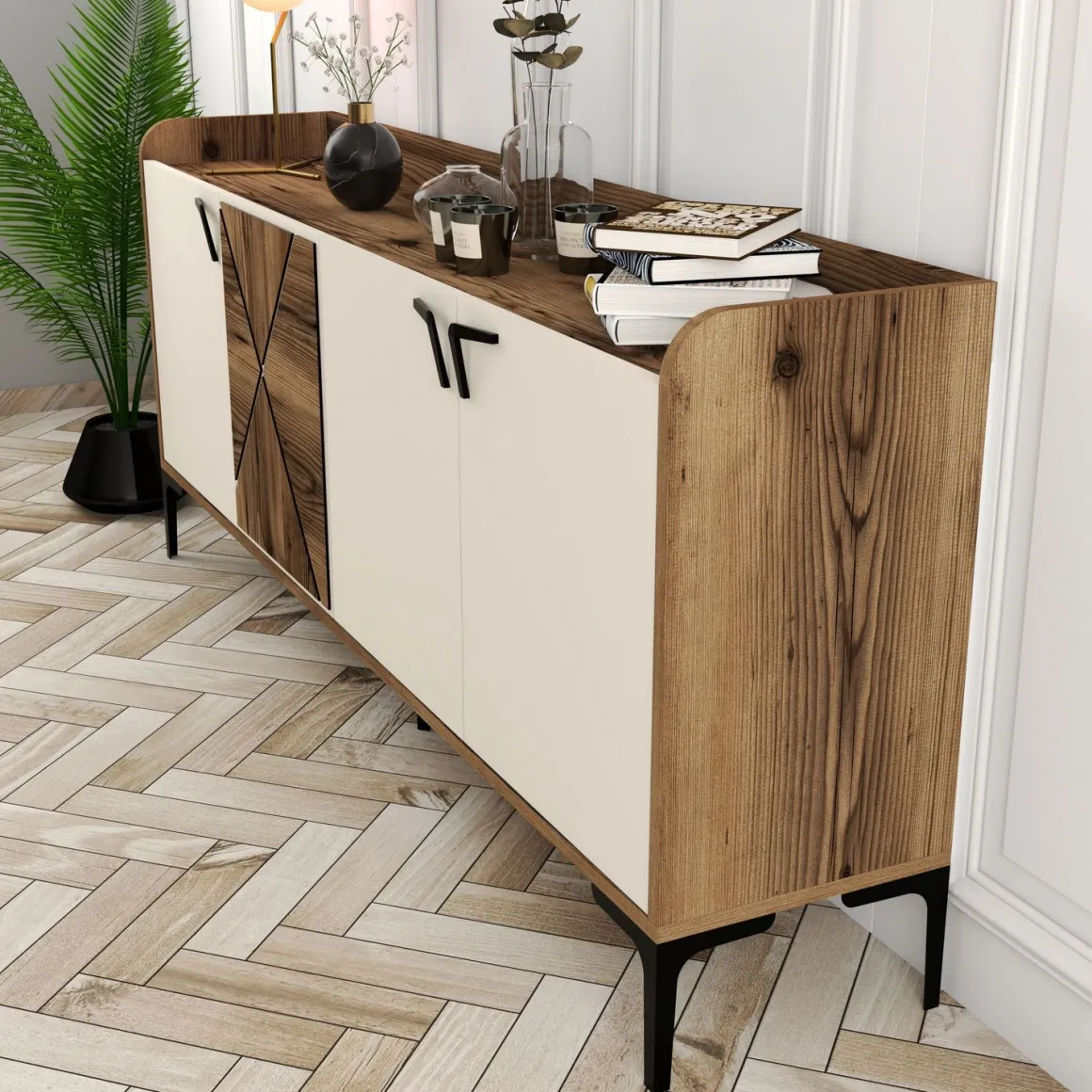 Credenza Bianco Crema Marrone Noce 2 Ripiani 4 Vani 180x35x78h cm, 4 Ante - Elini