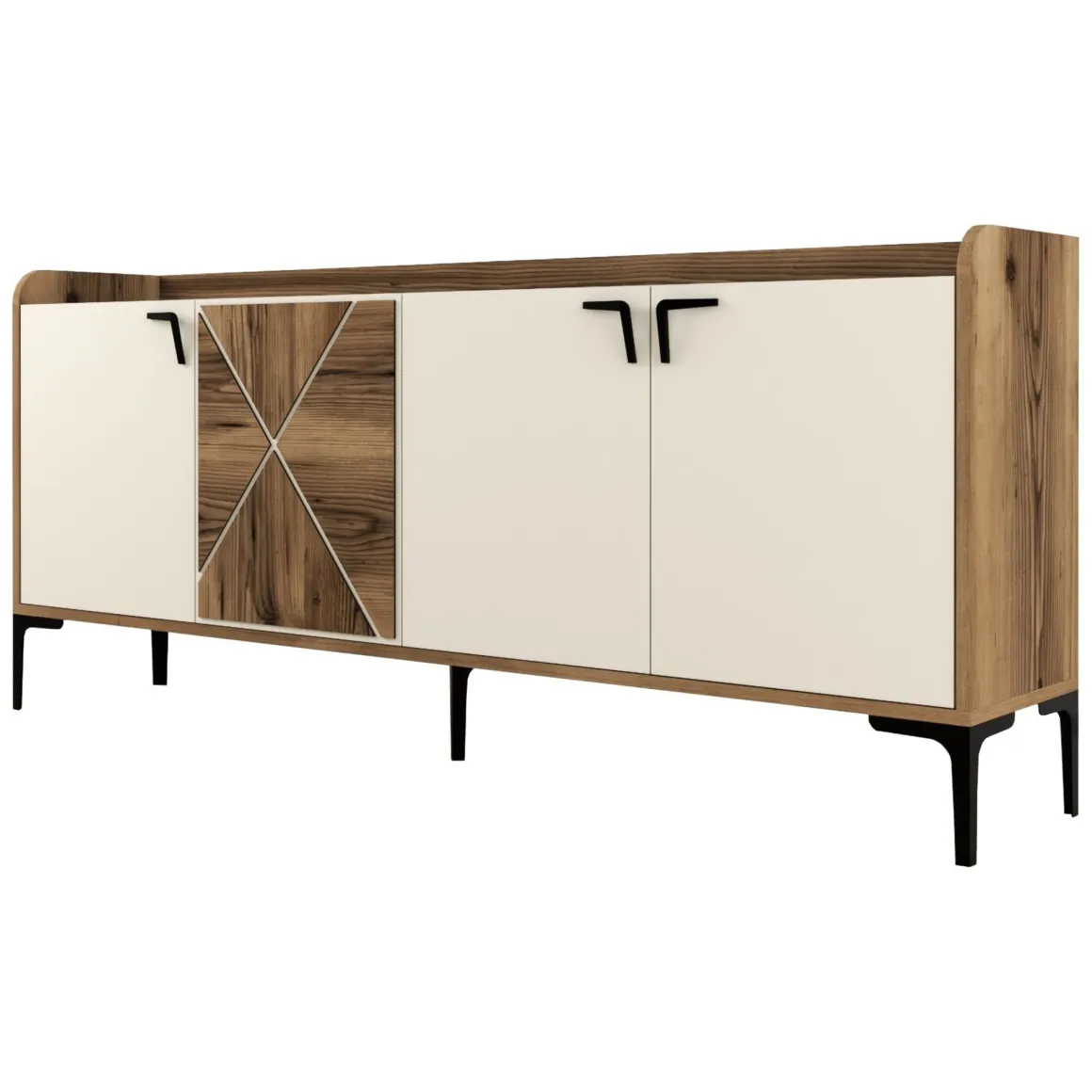 Credenza Bianco Crema Marrone Noce 2 Ripiani 4 Vani 180x35x78h cm, 4 Ante - Elini
