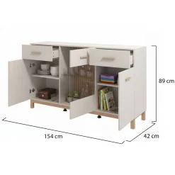 Credenze > Dmora Credenza Bianco Crema Marrone Rovere 2 Ripiani 3 Cassetti 117x40x86h cm, Un'anta - Paro Marrone Rovere, Bianco Crema