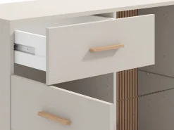 Credenze > Dmora Credenza Bianco Crema Marrone Rovere 2 Ripiani 3 Cassetti 117x40x86h cm, Un'anta - Paro Marrone Rovere, Bianco Crema