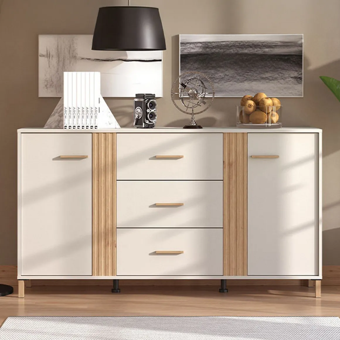 Credenze > Dmora Credenza Bianco Crema Marrone Rovere 3 Ripiani 2 Cassetti 156x40x86h cm, 4 Ante - Quarna Marrone Rovere, Bianco Crema